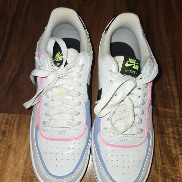 Nike Air Force 1 White Sneakers with Pink and Blue Accents - Picture 1 of 12